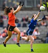 14 May 2023; Aisling Gilsenan of Cavan intercepts a pass to Clodagh McCambridge of Armagh during the Ulster Ladies Football Senior Championship match between Armagh and Cavan at St Tiernach’s Park in Clones, Monaghan. Photo by Ramsey Cardy/Sportsfile