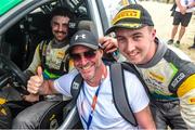 14 May 2023; Eamonn Kelly, left, and Conor Mohan in their Hyundai i20 N, with Donagh Kelly of Donegal, centre, during day four of the FIA World Rally Championship Portugal in Porto, Portugal. Photo by Philip Fitzpatrick/Sportsfile