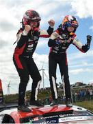 14 May 2023; Kalle Rovanpera and Jonne Halttunen,Toyota GR Yaris Rally 1, celebrates after winning FIA World Rally Championship Portugal in Porto, Portugal. Photo by Philip Fitzpatrick/Sportsfile