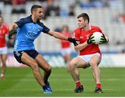 14 May 2023; Dan Corcoran of Louth in action against James McCarthy of Dublin during the Leinster GAA Football Senior Championship Final match between Dublin and Louth at Croke Park in Dublin. Photo by Stephen Marken/Sportsfile