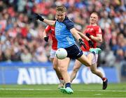 14 May 2023; Seán Bugler of Dublin shoots to score his side's third goal during the Leinster GAA Football Senior Championship Final match between Dublin and Louth at Croke Park in Dublin. Photo by Stephen Marken/Sportsfile