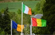 14 May 2023; The Tri-Colour flies between the Wicklow and Carlow county flags before the Tailteann Cup Group 3 Round 1 match between Wicklow and Carlow at Echelon Park in Aughrim, Wicklow. Photo by Tyler Miller/Sportsfile