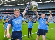 14 May 2023; Dublin players Cian Murphy, left, and Lee Gannon with the Delaney cup after their side's victory in the Leinster GAA Football Senior Championship Final match between Dublin and Louth at Croke Park in Dublin. Photo by Seb Daly/Sportsfile