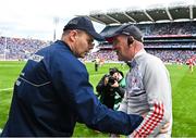 14 May 2023; Dublin manager Dessie Farrell, left, and Louth manager Mickey Harte after the Leinster GAA Football Senior Championship Final match between Dublin and Louth at Croke Park in Dublin. Photo by Seb Daly/Sportsfile