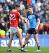14 May 2023; Dean Rock of Dublin bumps fists with Conall McCaul of Louth after the Leinster GAA Football Senior Championship Final match between Dublin and Louth at Croke Park in Dublin. Photo by Stephen Marken/Sportsfile