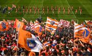 14 May 2023; Both teams parade behind the Mayobridge Band before the Ulster GAA Football Senior Championship Final match between Armagh and Derry at St Tiernach’s Park in Clones, Monaghan. Photo by Ramsey Cardy/Sportsfile