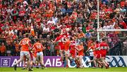 14 May 2023; Brendan Rogers of Derry, 9, scores his side's first goal during the Ulster GAA Football Senior Championship Final match between Armagh and Derry at St Tiernach’s Park in Clones, Monaghan. Photo by Ramsey Cardy/Sportsfile