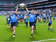 14 May 2023; Dublin players Cian Murphy, left, and Lee Gannon celebrate with the Delaney Cup after their side's victory in the Leinster GAA Football Senior Championship Final match between Dublin and Louth at Croke Park in Dublin. Photo by Piaras Ó Mídheach/Sportsfile
