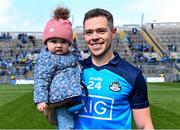14 May 2023; Dean Rock of Dublin with his 10 month old daughter Sadie after his side's victory in the Leinster GAA Football Senior Championship Final match between Dublin and Louth at Croke Park in Dublin. Photo by Piaras Ó Mídheach/Sportsfile