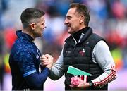14 May 2023; Louth GAA chairman Peter Fitzpatrick with Dublin goalkeeper Stephen Cluxton after the Leinster GAA Football Senior Championship Final match between Dublin and Louth at Croke Park in Dublin. Photo by Piaras Ó Mídheach/Sportsfile