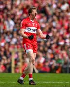 14 May 2023; Brendan Rogers of Derry celebrates scoring a point during the Ulster GAA Football Senior Championship Final match between Armagh and Derry at St Tiernach’s Park in Clones, Monaghan. Photo by Harry Murphy/Sportsfile