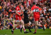 14 May 2023; Brendan Rogers of Derry, left, celebrates after scoring his side's first goal during the Ulster GAA Football Senior Championship Final match between Armagh and Derry at St Tiernach’s Park in Clones, Monaghan. Photo by Harry Murphy/Sportsfile