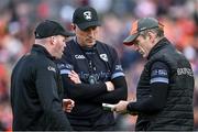 14 May 2023; Armagh manager Kieran McGeeney, right, with selector Ciaran McKeever, left, and coach Kieran Donaghy during the Ulster GAA Football Senior Championship Final match between Armagh and Derry at St Tiernach’s Park in Clones, Monaghan. Photo by Ramsey Cardy/Sportsfile