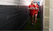 14 May 2023; Derry captain Conor Glass leads out his team before the Ulster GAA Football Senior Championship Final match between Armagh and Derry at St Tiernach’s Park in Clones, Monaghan. Photo by Harry Murphy/Sportsfile