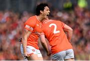 14 May 2023; James Morgan of Armagh celebrates a point during the Ulster GAA Football Senior Championship Final match between Armagh and Derry at St Tiernach’s Park in Clones, Monaghan. Photo by Harry Murphy/Sportsfile