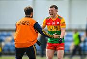 14 May 2023; Aaron Amond of Carlow celebrates with Maor Fóirne, Ronan Joyce after their side's victory in the Tailteann Cup Group 3 Round 1 match between Wicklow and Carlow at Echelon Park in Aughrim, Wicklow. Photo by Tyler Miller/Sportsfile