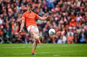 14 May 2023; Rian O'Neill of Armagh kicks the point to take the match to extra-time during the Ulster GAA Football Senior Championship Final match between Armagh and Derry at St Tiernach’s Park in Clones, Monaghan. Photo by Harry Murphy/Sportsfile