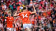 14 May 2023; Rian O'Neill of Armagh celebrates kicking a point to take the match to extra-time during the Ulster GAA Football Senior Championship Final match between Armagh and Derry at St Tiernach’s Park in Clones, Monaghan. Photo by Harry Murphy/Sportsfile