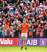 14 May 2023; Rian O'Neill of Armagh celebrates kicking a late point during the Ulster GAA Football Senior Championship Final match between Armagh and Derry at St Tiernach’s Park in Clones, Monaghan. Photo by Ramsey Cardy/Sportsfile