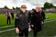 14 May 2023; Armagh manager Kieran McGeeney makes his way off the pitch at the end of normal time of the Ulster GAA Football Senior Championship Final match between Armagh and Derry at St Tiernach’s Park in Clones, Monaghan. Photo by Ramsey Cardy/Sportsfile