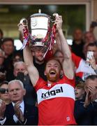 14 May 2023; Derry captain Conor Glass lift the Anglo Celt cup after the Ulster GAA Football Senior Championship Final match between Armagh and Derry at St Tiernach’s Park in Clones, Monaghan. Photo by Ramsey Cardy/SportsfilePhoto by Harry Murphy/Sportsfile