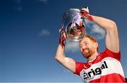 14 May 2023; Derry captain Conor Glass lifts the Anglo Celt Cup after the Ulster GAA Football Senior Championship Final match between Armagh and Derry at St Tiernach’s Park in Clones, Monaghan. Photo by Harry Murphy/Sportsfile