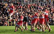 14 May 2023; Derry players celebrate in the penalty shootout during the Ulster GAA Football Senior Championship Final match between Armagh and Derry at St Tiernach’s Park in Clones, Monaghan. Photo by Harry Murphy/Sportsfile
