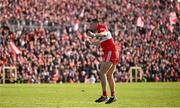 14 May 2023; Ciaran McFaul of Derry celebrates after kicking the winning penalty in the penalty shoot-out in the Ulster GAA Football Senior Championship Final match between Armagh and Derry at St Tiernach’s Park in Clones, Monaghan. Photo by Ramsey Cardy/Sportsfile