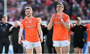 14 May 2023; Armagh penalty takers Callum Cumiskey, left, and Rory Grugan react during the penalty shoot-out in the Ulster GAA Football Senior Championship Final match between Armagh and Derry at St Tiernach’s Park in Clones, Monaghan. Photo by Ramsey Cardy/Sportsfile