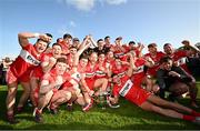 14 May 2023; The Derry team celebrate after the Ulster GAA Football Senior Championship Final match between Armagh and Derry at St Tiernach’s Park in Clones, Monaghan. Photo by Ramsey Cardy/Sportsfile
