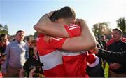 14 May 2023; Shane McGuigan, left, and Ciaran McFaul of Derry embrace after their side's victory in the Ulster GAA Football Senior Championship Final match between Armagh and Derry at St Tiernach’s Park in Clones, Monaghan. Photo by Harry Murphy/Sportsfile