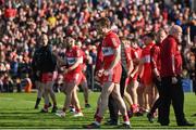 14 May 2023; Brendan Rogers of Derry, centre, celebrates during the penalty shootoit during the Ulster GAA Football Senior Championship Final match between Armagh and Derry at St Tiernach’s Park in Clones, Monaghan. Photo by Harry Murphy/Sportsfile