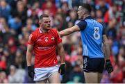 14 May 2023; Niall Sharkey of Louth is patted on the back by Dublin's Brian Fenton after tackling him during the Leinster GAA Football Senior Championship Final match between Dublin and Louth at Croke Park in Dublin. Photo by Seb Daly/Sportsfile