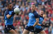 14 May 2023; Con O'Callaghan of Dublin, centre, with teammates James McCarthy, left, and Ciarán Kilkenny during the Leinster GAA Football Senior Championship Final match between Dublin and Louth at Croke Park in Dublin. Photo by Seb Daly/Sportsfile