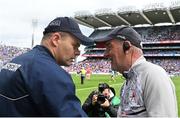 14 May 2023; Dublin manager Dessie Farrell, left, and Louth manager Mickey Harte after the Leinster GAA Football Senior Championship Final match between Dublin and Louth at Croke Park in Dublin. Photo by Seb Daly/Sportsfile