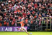 14 May 2023; Rian O'Neill of Armagh kicks a late point during the Ulster GAA Football Senior Championship Final match between Armagh and Derry at St Tiernach’s Park in Clones, Monaghan. Photo by Ramsey Cardy/Sportsfile