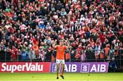 14 May 2023; Rian O'Neill of Armagh celebrates kicking a late point during the Ulster GAA Football Senior Championship Final match between Armagh and Derry at St Tiernach’s Park in Clones, Monaghan. Photo by Ramsey Cardy/Sportsfile