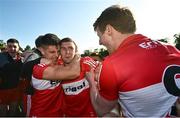 14 May 2023; Derry players, from left, Conor Doherty, Ciaran McFaul and Brendan Rogers celebrate after the Ulster GAA Football Senior Championship Final match between Armagh and Derry at St Tiernach’s Park in Clones, Monaghan. Photo by Ramsey Cardy/Sportsfile