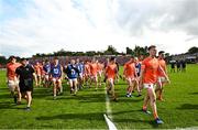 14 May 2023; The Armagh team make their way off the pitch at the end of normal time in the Ulster GAA Football Senior Championship Final match between Armagh and Derry at St Tiernach’s Park in Clones, Monaghan. Photo by Ramsey Cardy/Sportsfile