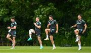 15 May 2023; Leinster players, from right, James Lowe, Ross Byrne, Jordan Larmour and Hugo Keenan during a Leinster Rugby squad training session at UCD in Dublin. Photo by Harry Murphy/Sportsfile