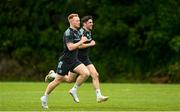 15 May 2023; Ciarán Frawley and Jimmy O'Brien during a Leinster Rugby squad training session at UCD in Dublin. Photo by Harry Murphy/Sportsfile