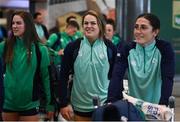 15 May 2023; Béibhinn Parsons, centre, and Amee-Leigh Murphy Crowe right, pictured at Dublin Airport on the team's return from the World Rugby Sevens Series 2023 in Toulouse, France. Photo by Harry Murphy/Sportsfile