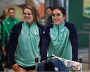 15 May 2023; Amee-Leigh Murphy Crowe, right, and Béibhinn Parsons pictured at Dublin Airport on the team's return from the World Rugby Sevens Series 2023 in Toulouse, France. Photo by Harry Murphy/Sportsfile