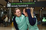 15 May 2023; Béibhinn Parsons and Megan Burns pictured at Dublin Airport on the team's return from the World Rugby Sevens Series 2023 in Toulouse, France. Photo by Harry Murphy/Sportsfile