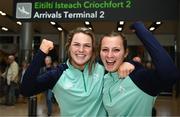 15 May 2023; Béibhinn Parsons and Megan Burns pictured at Dublin Airport on the team's return from the World Rugby Sevens Series 2023 in Toulouse, France. Photo by Harry Murphy/Sportsfile