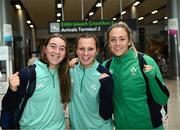 15 May 2023; Ireland Women's 7's players, from left, Claire Boles, Megan Burns and Stacey Flood pictured at Dublin Airport on the team's return from the World Rugby Sevens Series 2023 in Toulouse, France. Photo by Harry Murphy/Sportsfile
