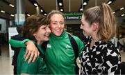 15 May 2023; Ireland Women's 7's players Stacey Flood, centre, with Terry and Sarah McGann, mother and sister of Anna McGann pictured at Dublin Airport on the team's return from the World Rugby Sevens Series 2023 in Toulouse, France. Photo by Harry Murphy/Sportsfile