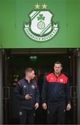 15 May 2023; St Patrick's Athletic interim manager Jon Daly, right, and St Patrick's Athletic head of media Jamie Moore before the SSE Airtricity Men's Premier Division match between Shamrock Rovers and St Patrick's Athletic at Tallaght Stadium in Dublin. Photo by Stephen McCarthy/Sportsfile