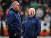 15 May 2023; St Patrick's Athletic opposition analyst Graham Kelly and St Patrick's Athletic technical director Alan Matthews, left, before the SSE Airtricity Men's Premier Division match between Shamrock Rovers and St Patrick's Athletic at Tallaght Stadium in Dublin. Photo by Stephen McCarthy/Sportsfile