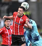 15 May 2023; Jordan McEneff of Derry City in action against Alfie Lewis of Dundalk during the SSE Airtricity Men's Premier Division match between Derry City and Dundalk at The Ryan McBride Brandywell Stadium in Derry. Photo by Ramsey Cardy/Sportsfile